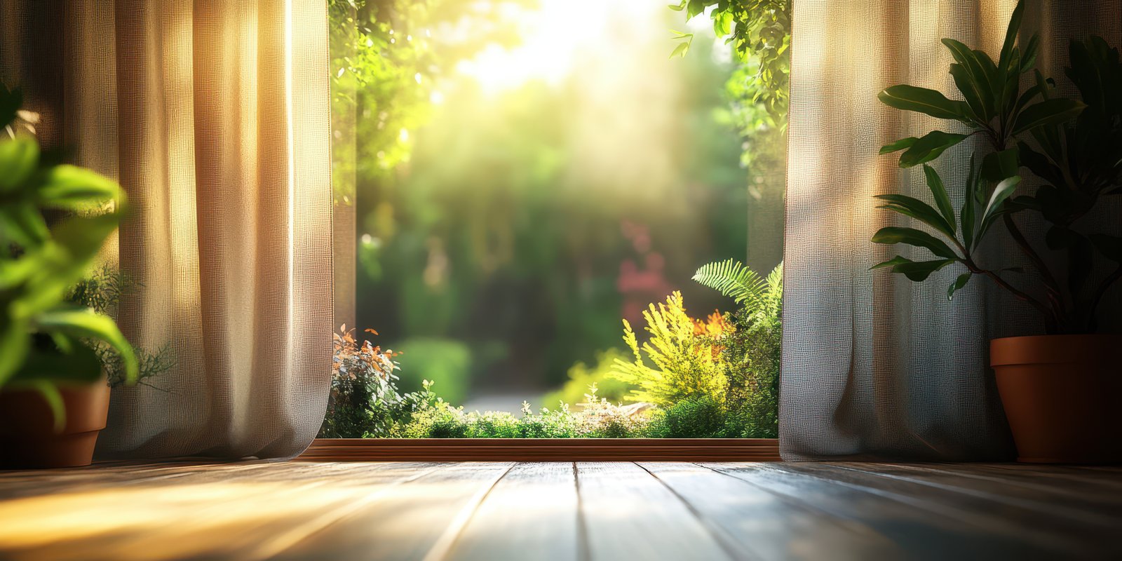 Morning light filters through open curtains illuminating a garden filled with lush greenery and vibrant plants